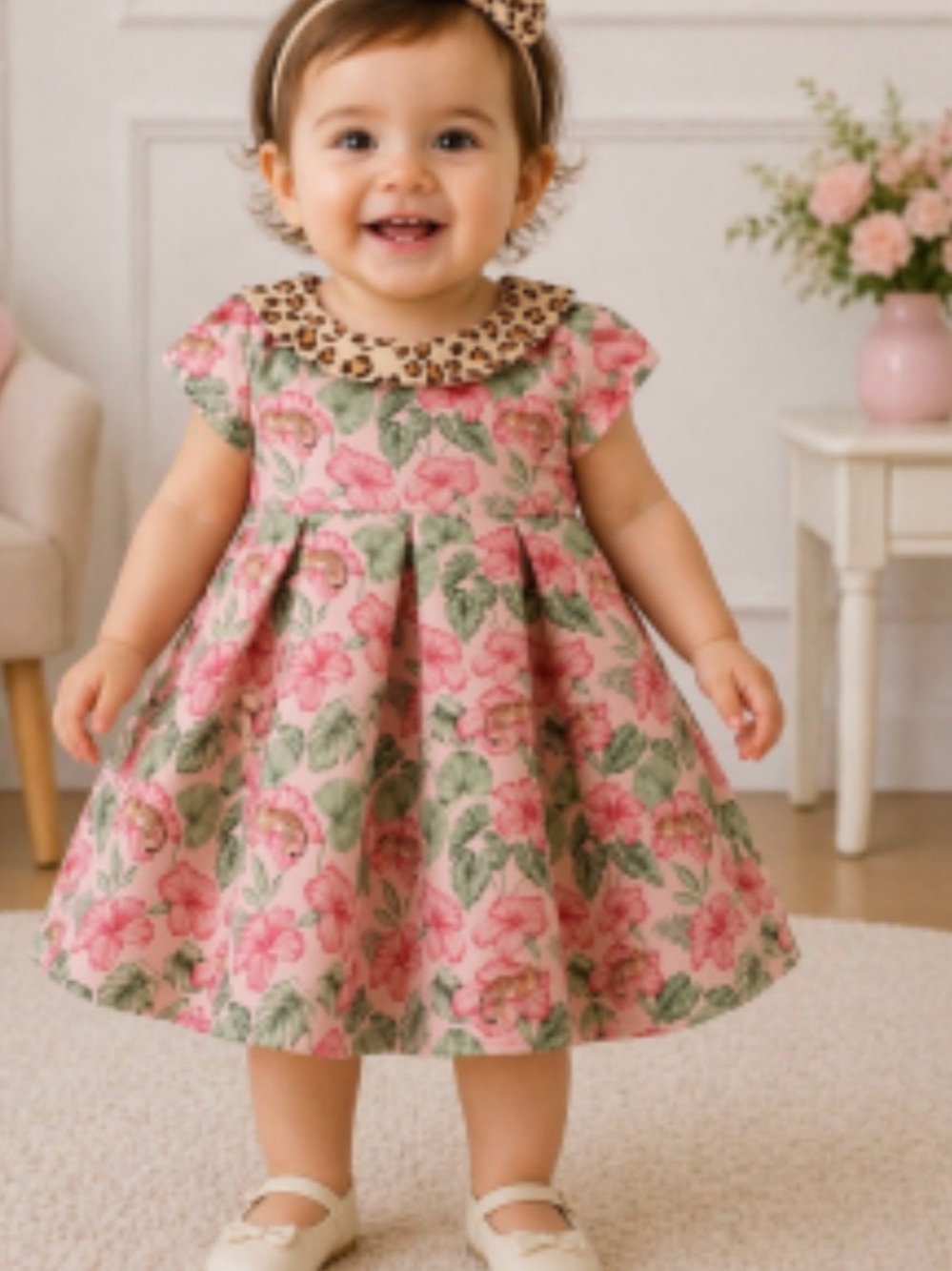 Toddler Pink Floral Dress with Leopard Collar - Baby Girl Dress